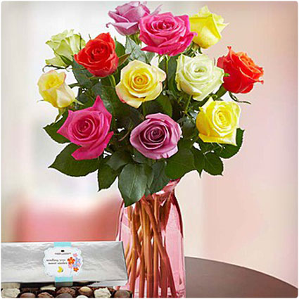 Assorted Roses With Vase and Chocolates