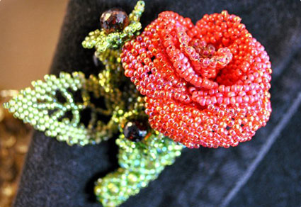 Bead Woven Red Rose Brooch